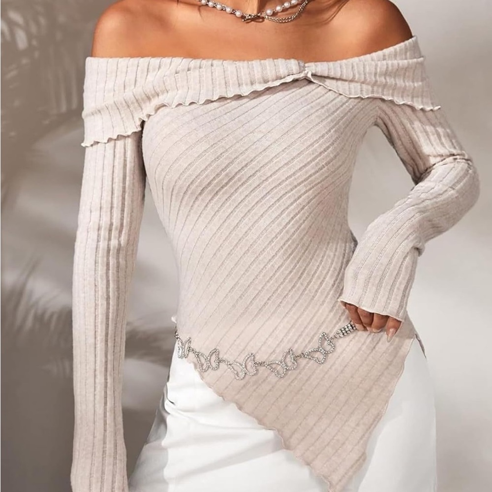 Off-Shoulder Ribbed Asymmetric Sweater Top in Cream